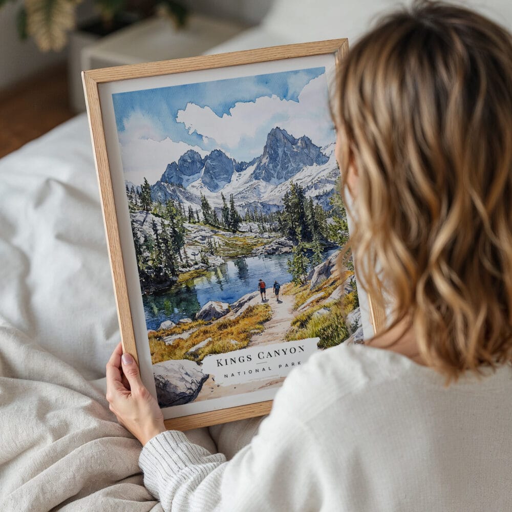05 - Woman Holding Framed Kings Canyon National Park Watercolor Wall Art - Portrait.jpg 05 - Woman Holding Framed Kings Canyon National Park Watercolor Wall Art - Portrait.jpg