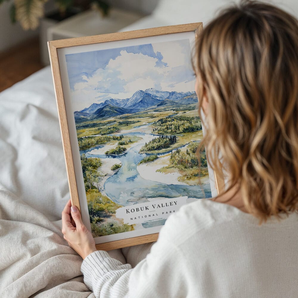05 - Woman Holding Framed Kobuk Valley National Park Watercolor Wall Art - Portrait.jpg 05 - Woman Holding Framed Kobuk Valley National Park Watercolor Wall Art - Portrait.jpg
