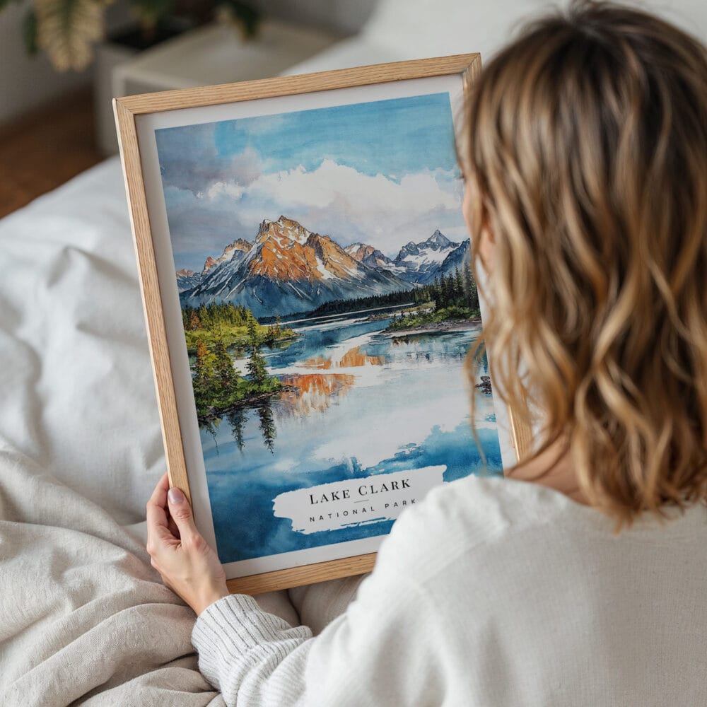 05 - Woman Holding Framed Lake Clark National Park Watercolor Wall Art - Portrait.jpg 05 - Woman Holding Framed Lake Clark National Park Watercolor Wall Art - Portrait.jpg