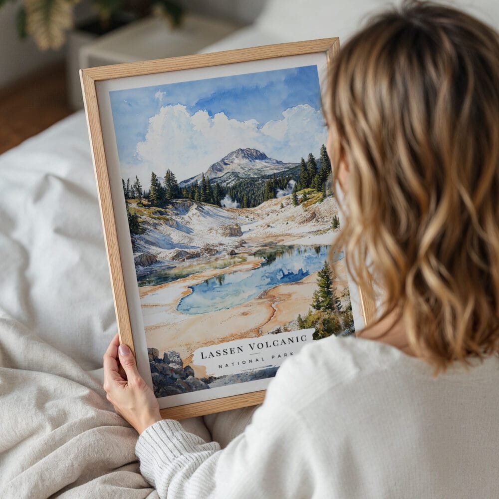 05 - Woman Holding Framed Lassen Volcanic National Park Watercolor Wall Art - Portrait.jpg 05 - Woman Holding Framed Lassen Volcanic National Park Watercolor Wall Art - Portrait.jpg