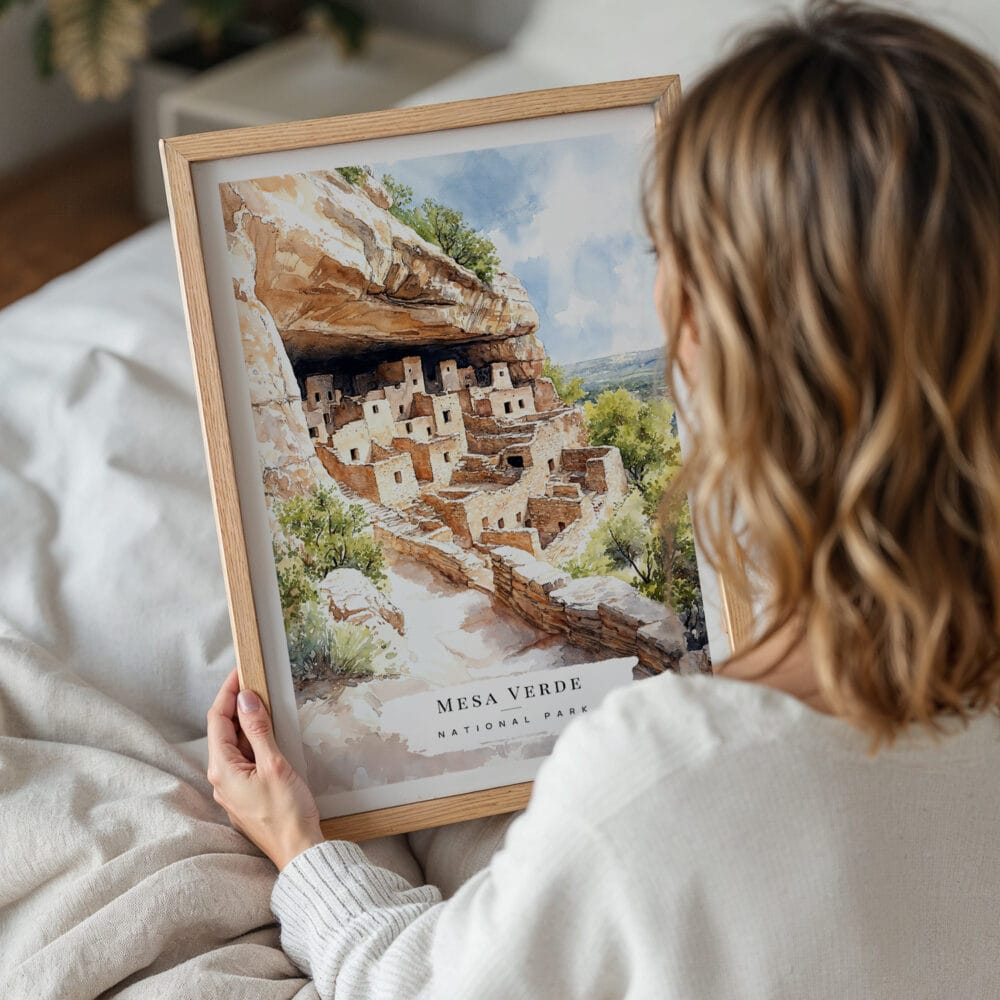 05 - Woman Holding Framed Mesa Verde National Park Watercolor Wall Art - Portrait.jpg 05 - Woman Holding Framed Mesa Verde National Park Watercolor Wall Art - Portrait.jpg
