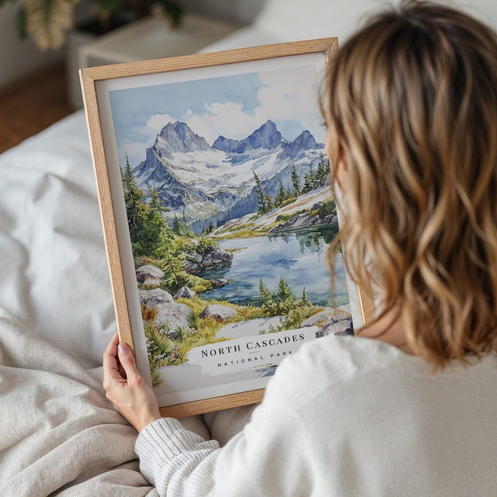 05 - Woman Holding Framed North Cascades National Park Watercolor Wall Art - Portrait.jpg 05 - Woman Holding Framed North Cascades National Park Watercolor Wall Art - Portrait.jpg