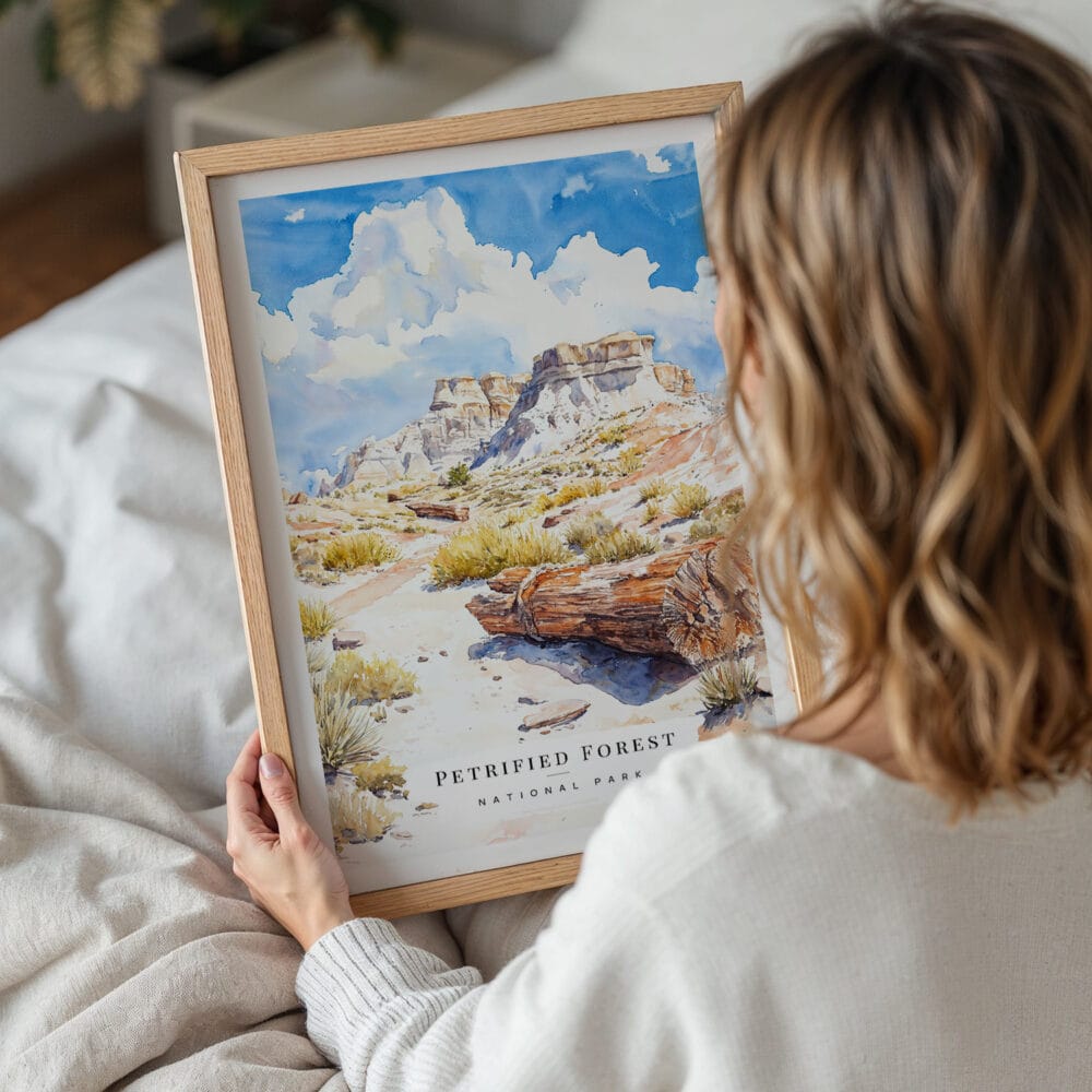05 - Woman Holding Framed Petrified Forest National Park Watercolor Wall Art - Portrait.jpg 05 - Woman Holding Framed Petrified Forest National Park Watercolor Wall Art - Portrait.jpg