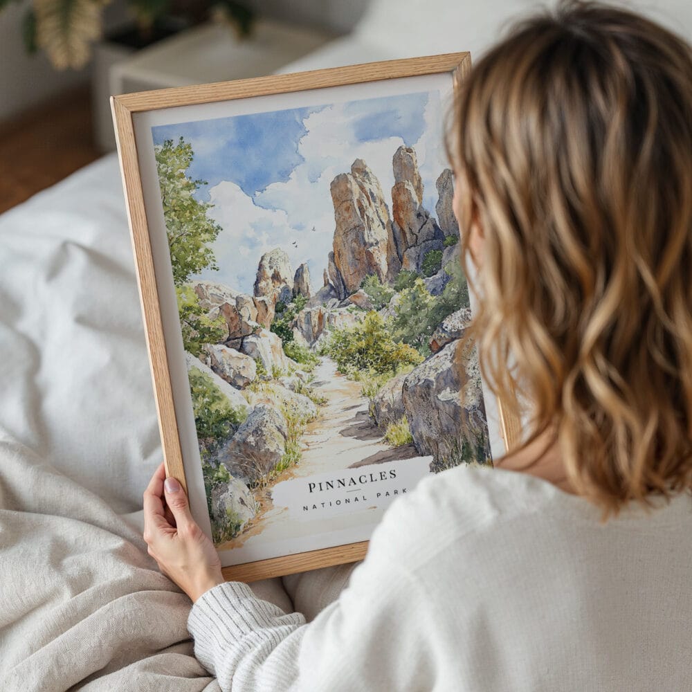 05 - Woman Holding Framed Pinnacles National Park California Watercolor Wall Art - Portrait.jpg 05 - Woman Holding Framed Pinnacles National Park California Watercolor Wall Art - Portrait.jpg