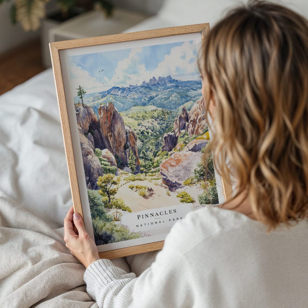 05 - Woman Holding Framed Pinnacles National Park Watercolor Wall Art - Portrait.jpg 05 - Woman Holding Framed Pinnacles National Park Watercolor Wall Art - Portrait.jpg