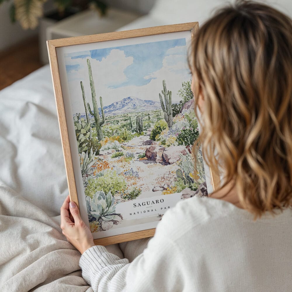 05 - Woman Holding Framed Saguaro National Park Watercolor Wall Art - Portrait.jpg 05 - Woman Holding Framed Saguaro National Park Watercolor Wall Art - Portrait.jpg