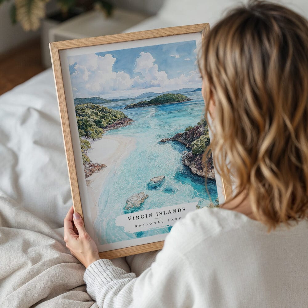 05 - Woman Holding Framed Virgin Islands National Park Watercolor Wall Art - Portrait.jpg 05 - Woman Holding Framed Virgin Islands National Park Watercolor Wall Art - Portrait.jpg