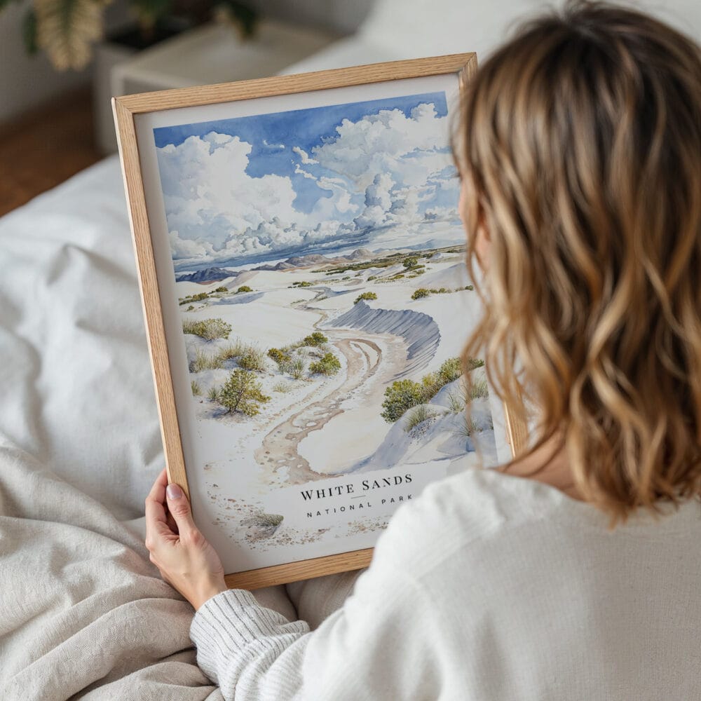 05 - Woman Holding Framed White Sands National Park Watercolor Wall Art - Portrait.jpg 05 - Woman Holding Framed White Sands National Park Watercolor Wall Art - Portrait.jpg