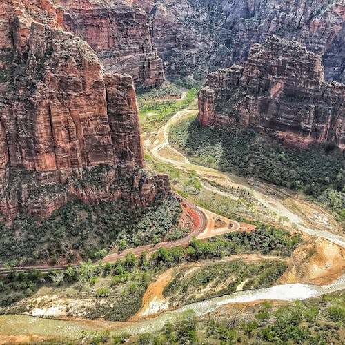 Stunning aerial view of Zion National Park's canyon and river in Utah.