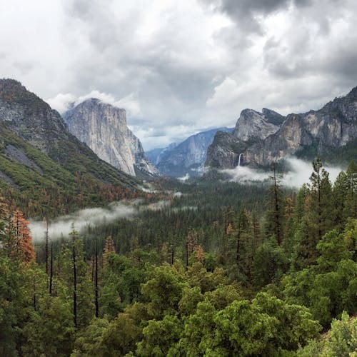 Stunning landscape view of Yosemite Valley featuring lush forests, mountains, and misty skies.