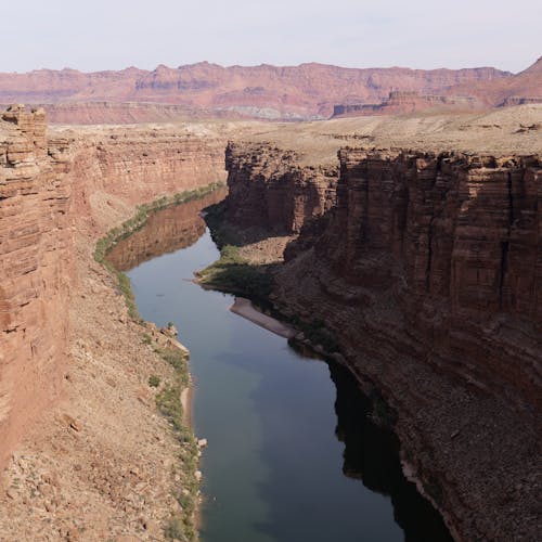 Stunning view of Colorado River carving through the Grand Canyon's red sandstone cliffs under a clear sky.