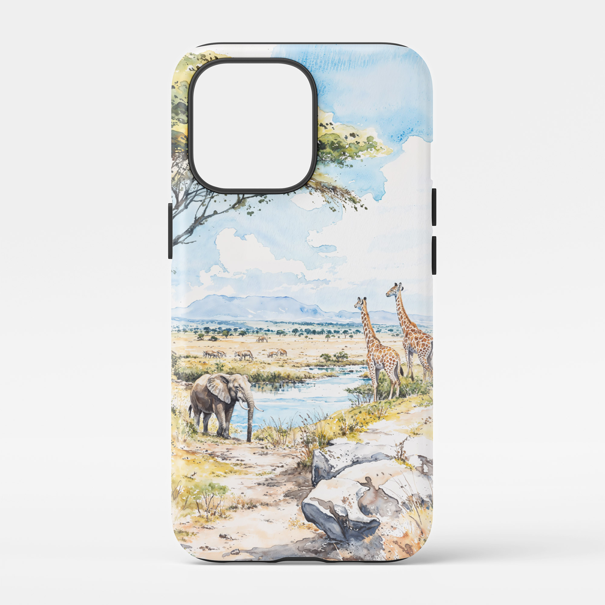 Serengeti Wildlife Phone Case – Watercolor Elephant and Giraffe Design for Animal Lovers