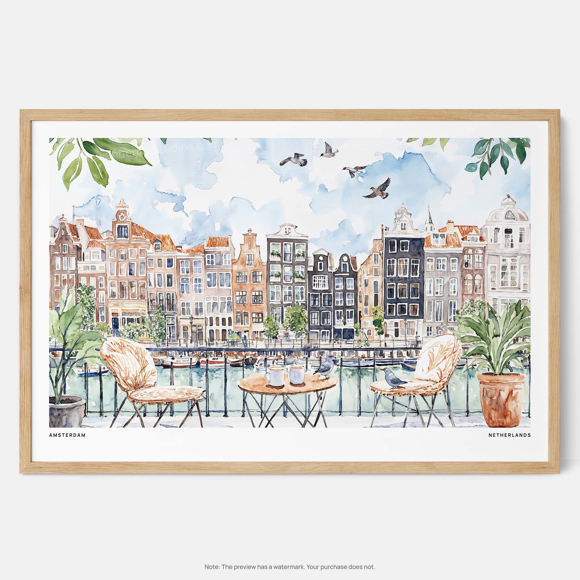 A Morning in Amsterdam Watercolor Art Print – Charming Canals and Colorful Architecture