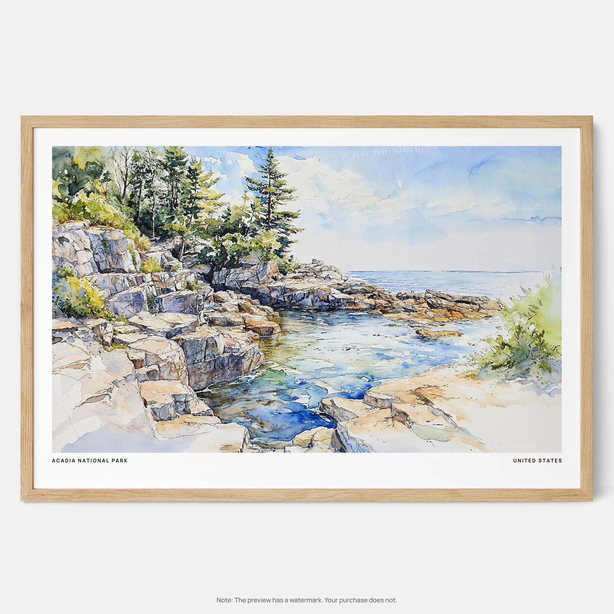 Acadia National Park Watercolor Art Print – Scenic Coastal Landscape