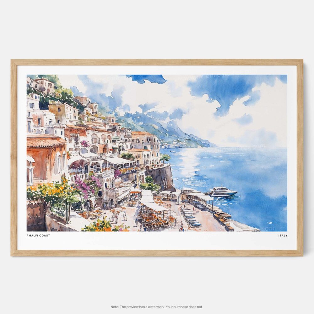 00 - Framed Amalfi Coast Watercolor Art - Horizontal Art Print - Main.jpg