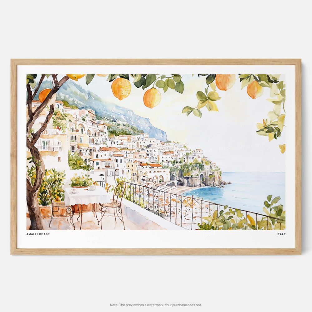 00 - Framed Amalfi Coast with Lemon Trees Watercolor Art - Horizontal Art Print - Main.jpg