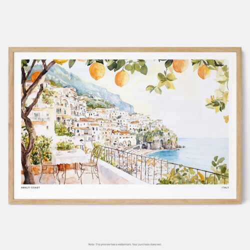 00 - Framed Amalfi Coast with Lemon Trees Watercolor Art - Horizontal Art Print - Main.jpg