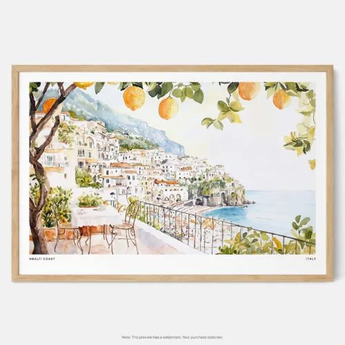 00 - Framed Amalfi Coast with Lemon Trees Watercolor Art - Horizontal Art Print - Main.jpg