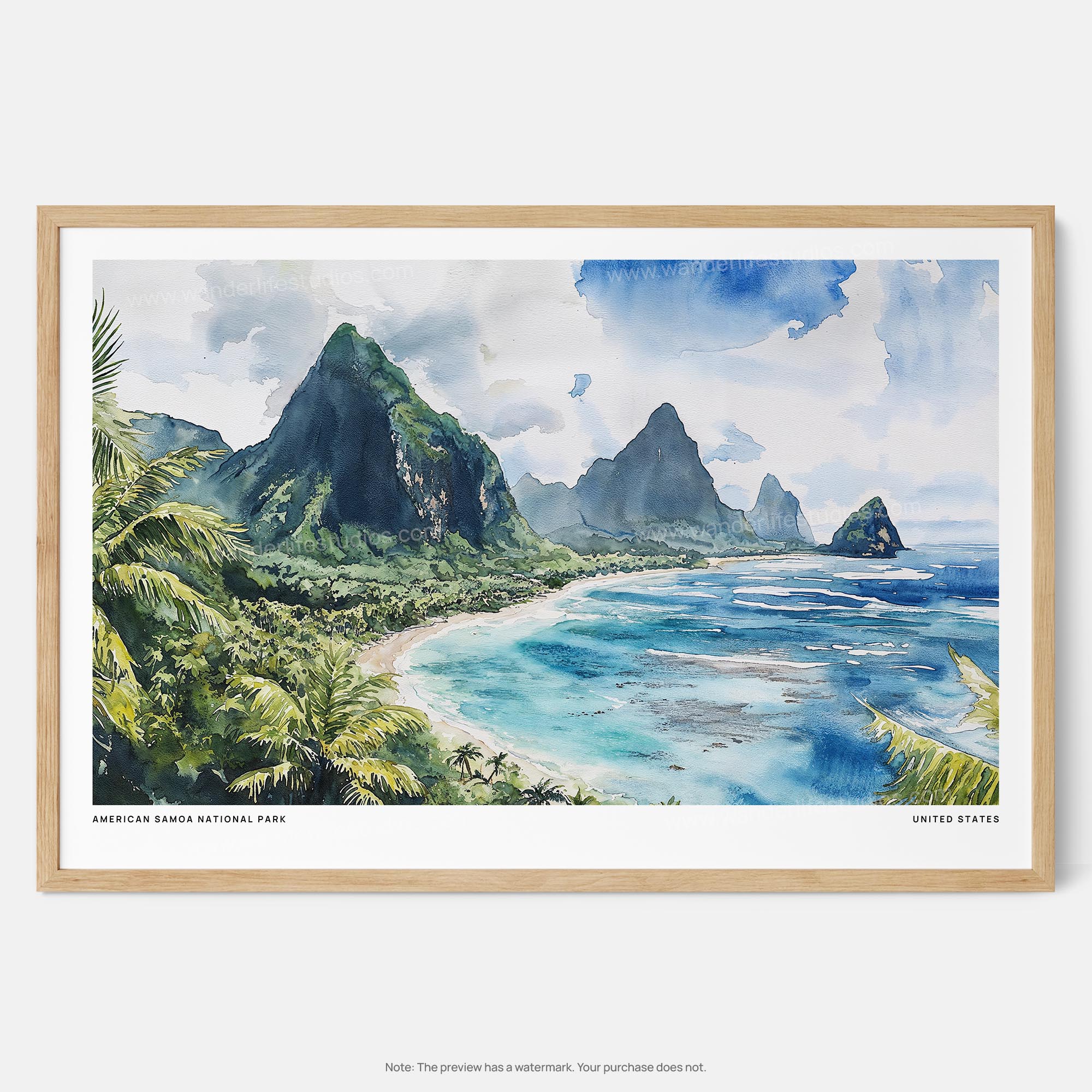 American Samoa National Park Watercolor Art Print – Tropical Coastal Landscape