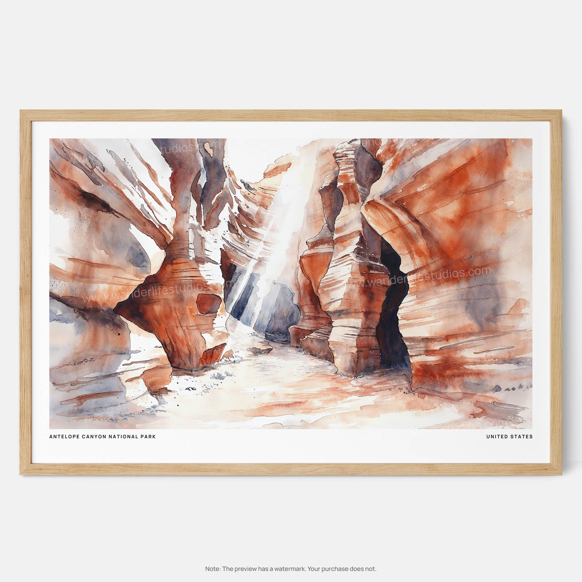 Antelope Canyon National Park Watercolor Art Print – Dramatic Desert Landscape