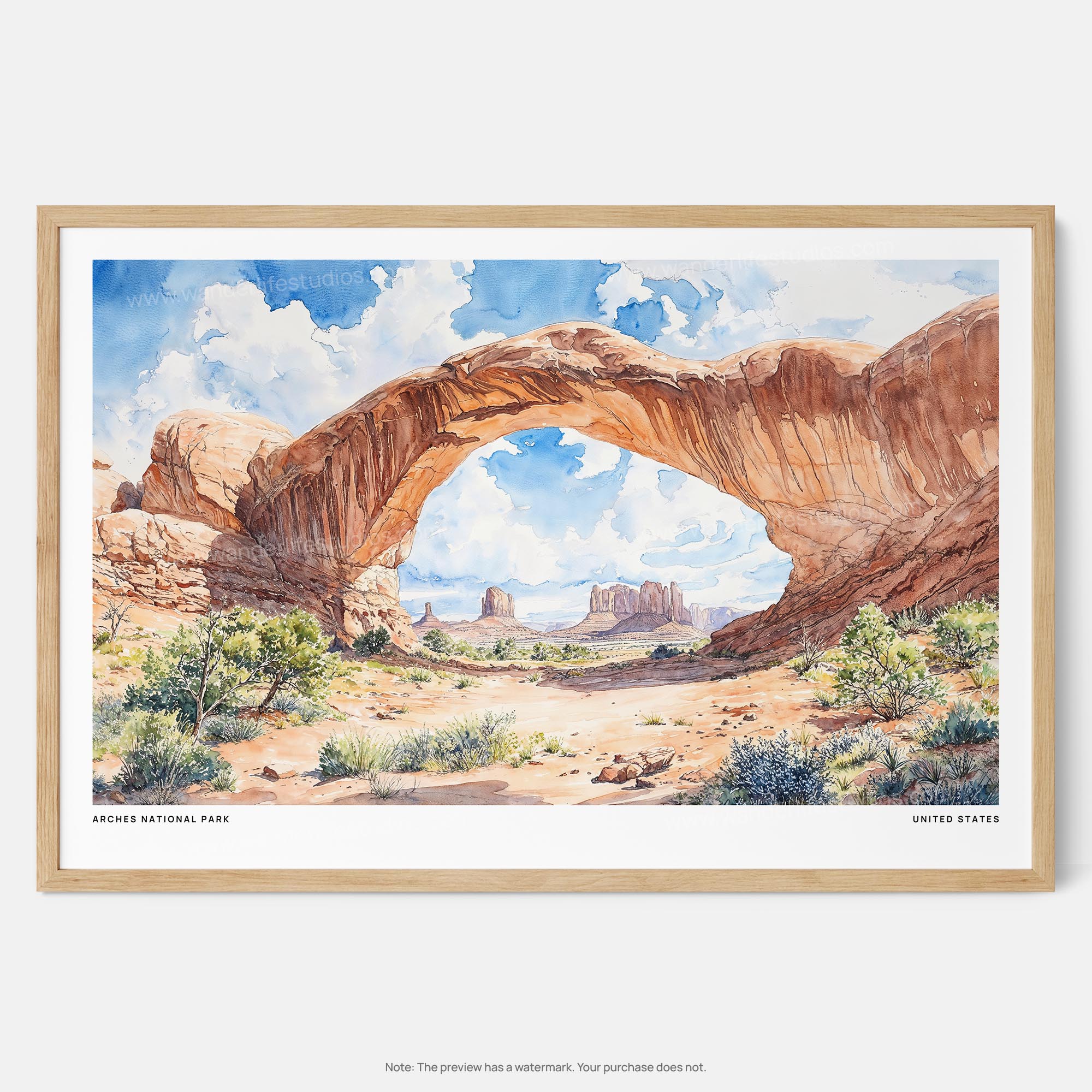 Arches National Park Watercolor Art Print – Majestic Utah Landscape Wall Art