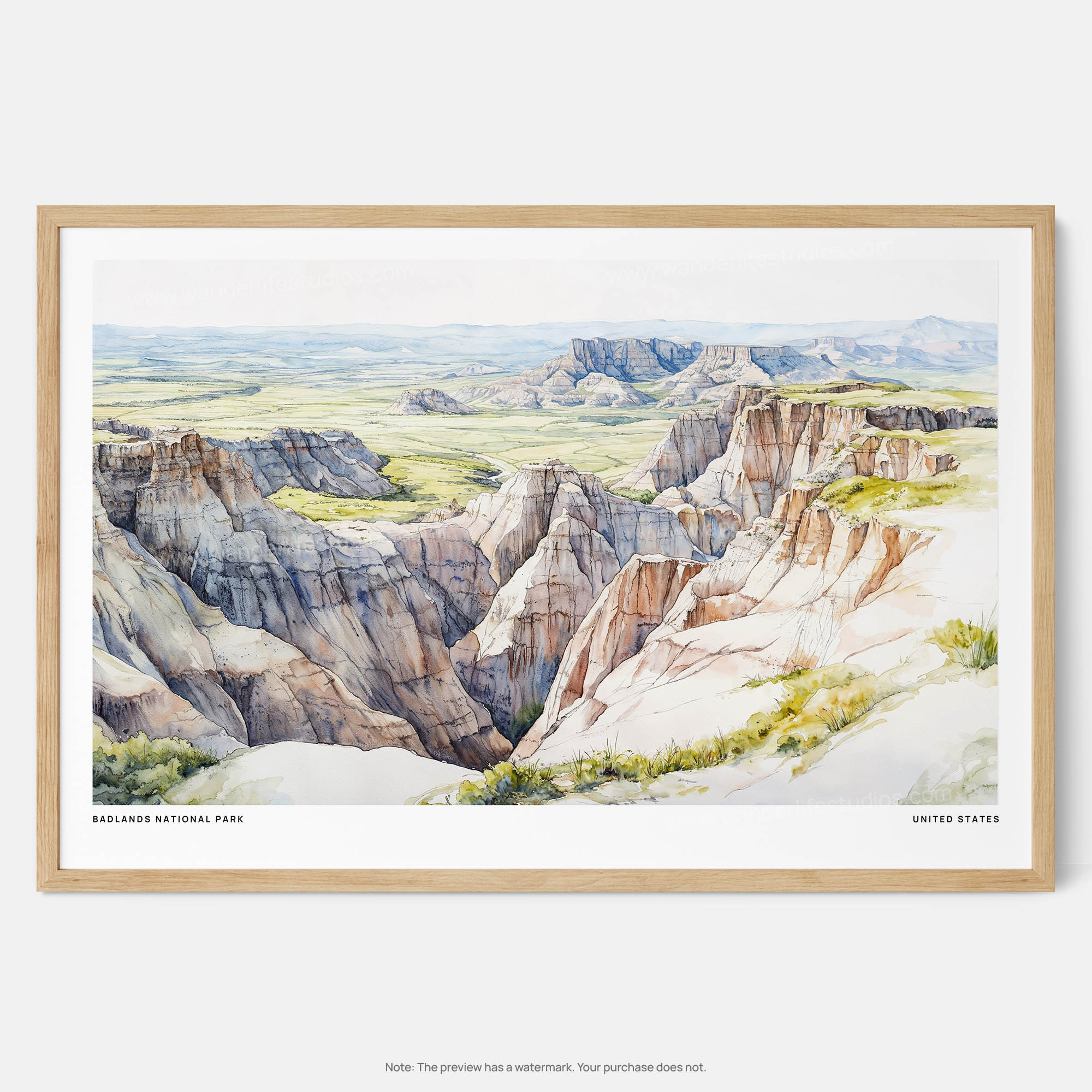 Badlands National Park Watercolor Art Print – Captivating Landscape Wall Decor