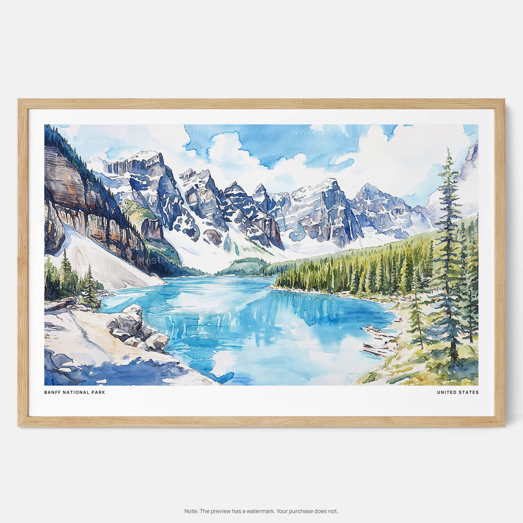 Banff National Park Watercolor Art Print – Majestic Mountain Landscape