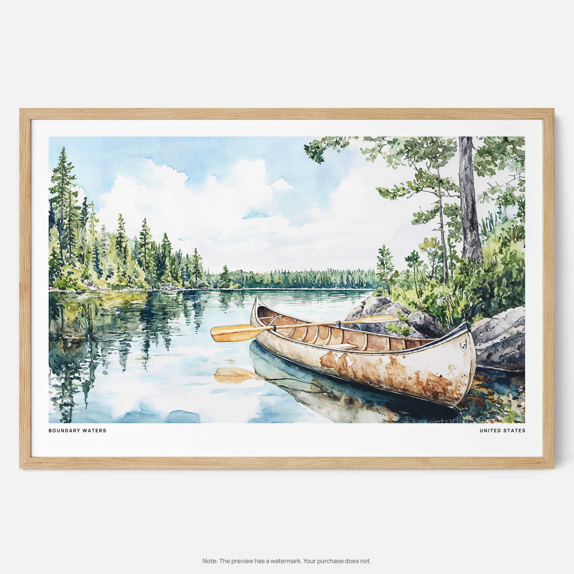 Boundary Waters Watercolor Art Print – Serene Canoe Landscape