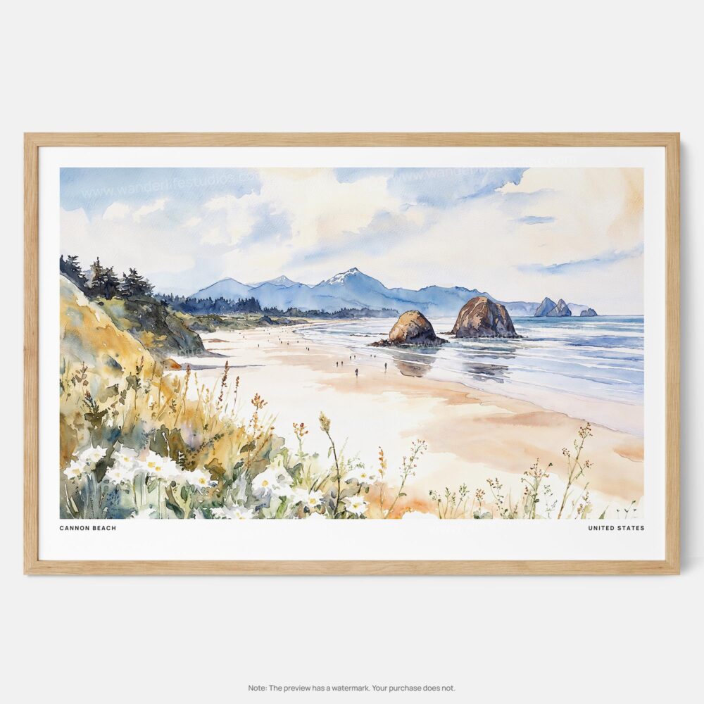 00 - Framed Cannon Beach Watercolor - Horizontal Art Print - Main.jpg