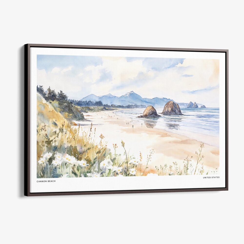 00 - Framed Cannon Beach Watercolor - Horizontal Canvas Print - Main.jpg