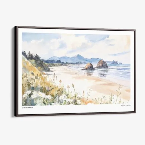 00 - Framed Cannon Beach Watercolor - Horizontal Canvas Print - Main.jpg
