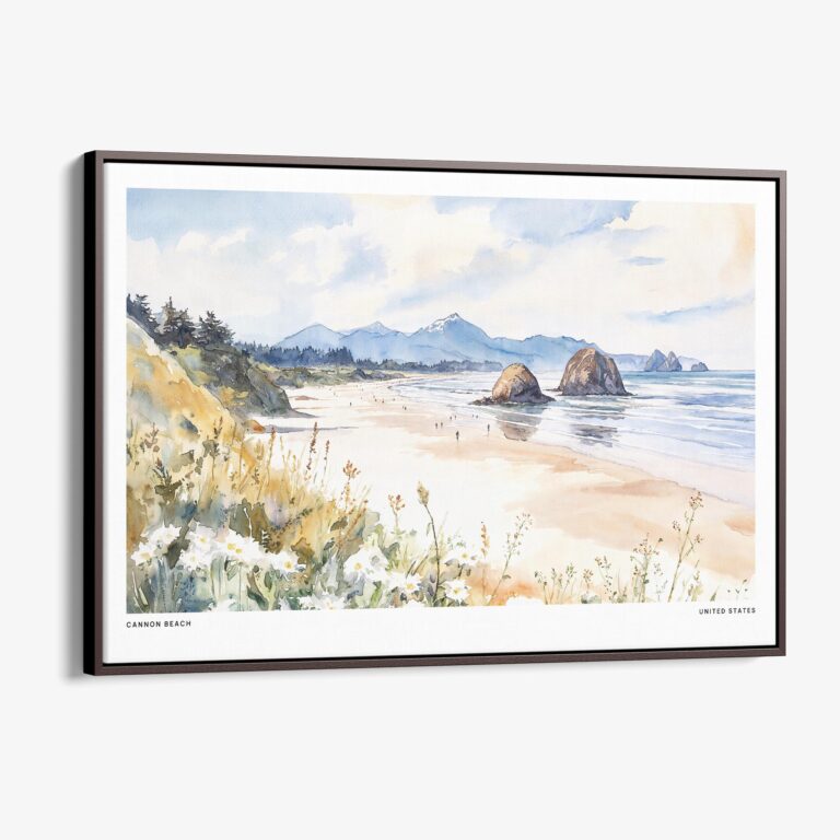 00 - Framed Cannon Beach Watercolor - Horizontal Canvas Print - Main.jpg