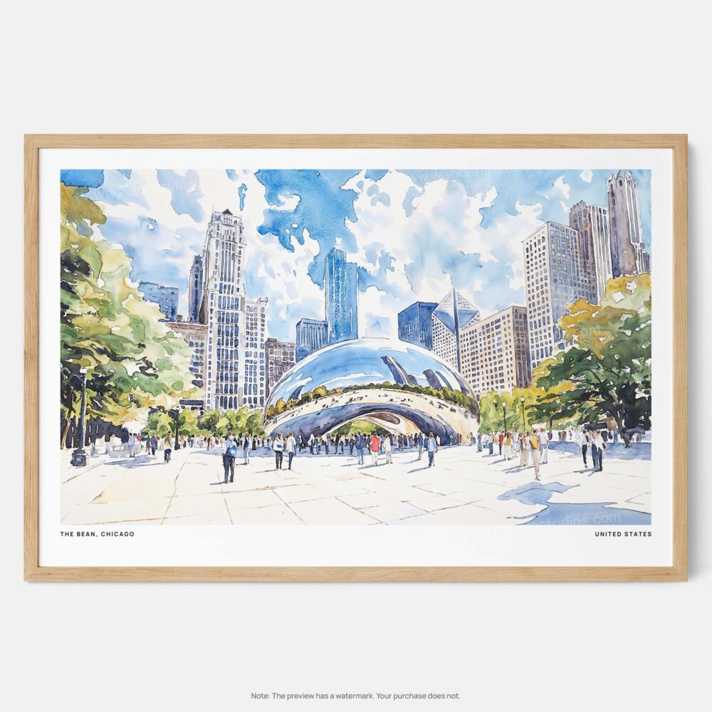 00 - Framed Chicago Cloud Gate Watercolor Art - Horizontal Art Print - Main.jpg