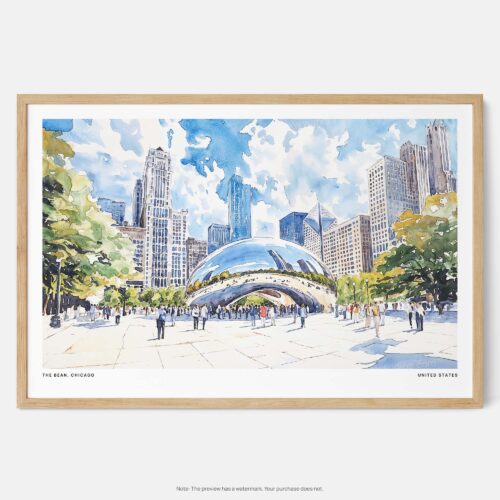 00 - Framed Chicago Cloud Gate Watercolor Art - Horizontal Art Print - Main.jpg