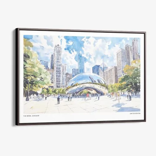 00 - Framed Chicago Cloud Gate Watercolor Art - Horizontal Canvas Print - Main.jpg