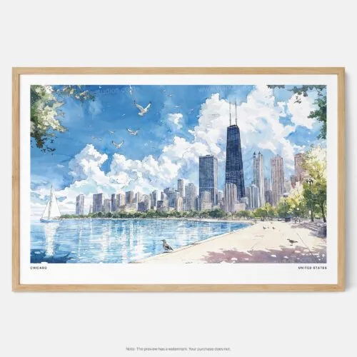00 - Framed Chicago Skyline Watercolor Art - Horizontal Art Print - Main.jpg