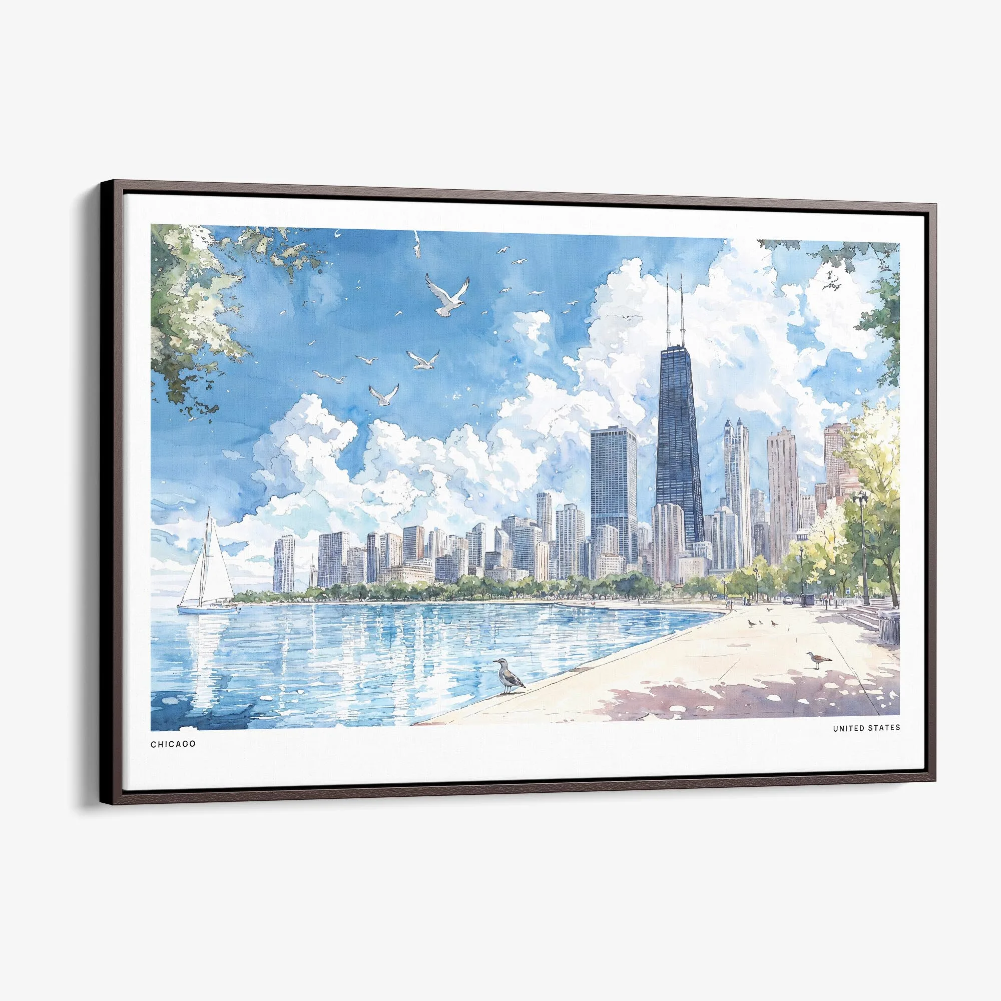 Framed Chicago Skyline Watercolor Art Canvas Print – Urban Cityscape Decor