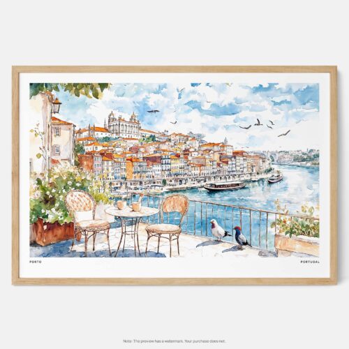 00 - Framed Coffee in Porto Portugal Watercolor Art - Horizontal Art Print - Main.jpg