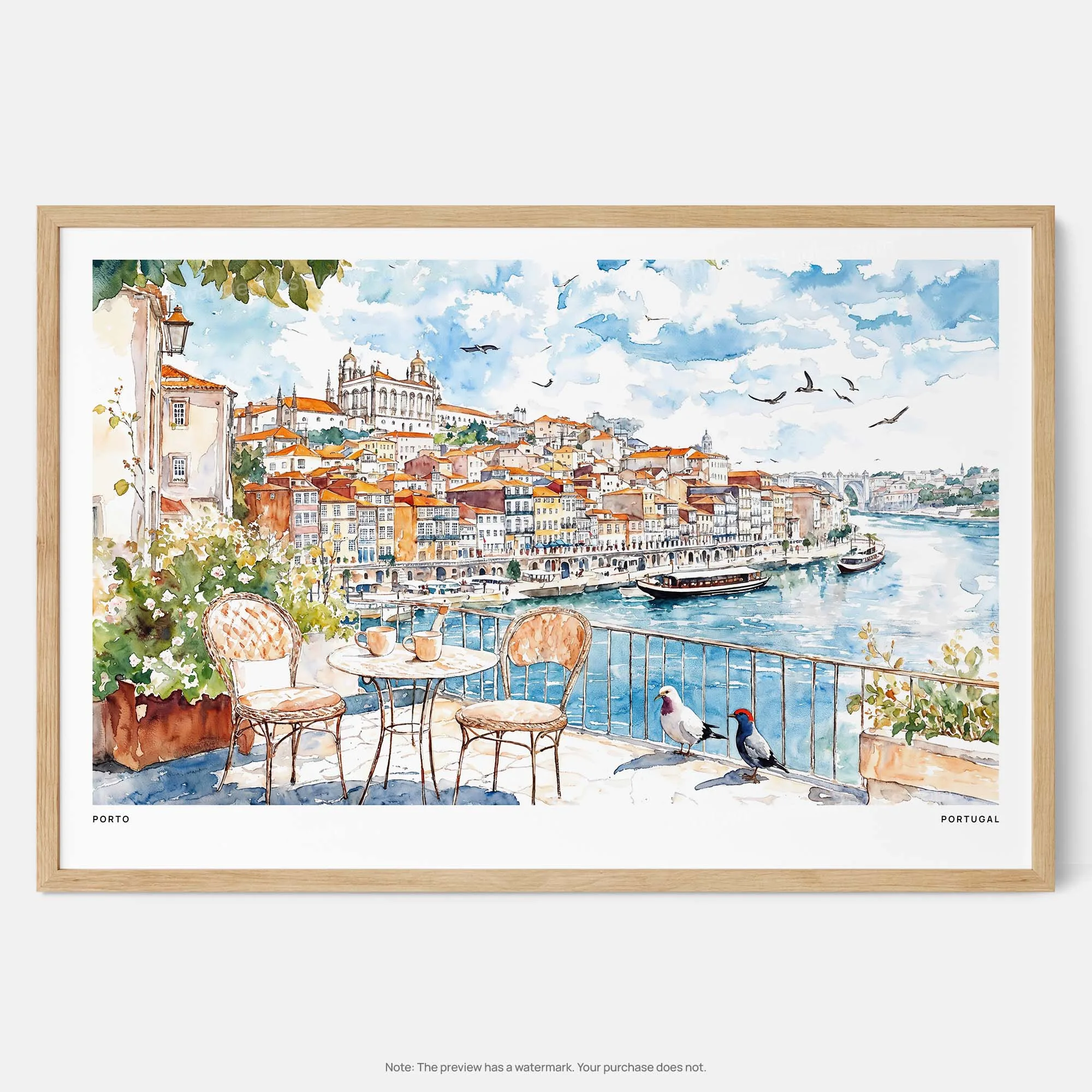 Porto Portugal Watercolor Art Print – Cozy Café Scene with River View