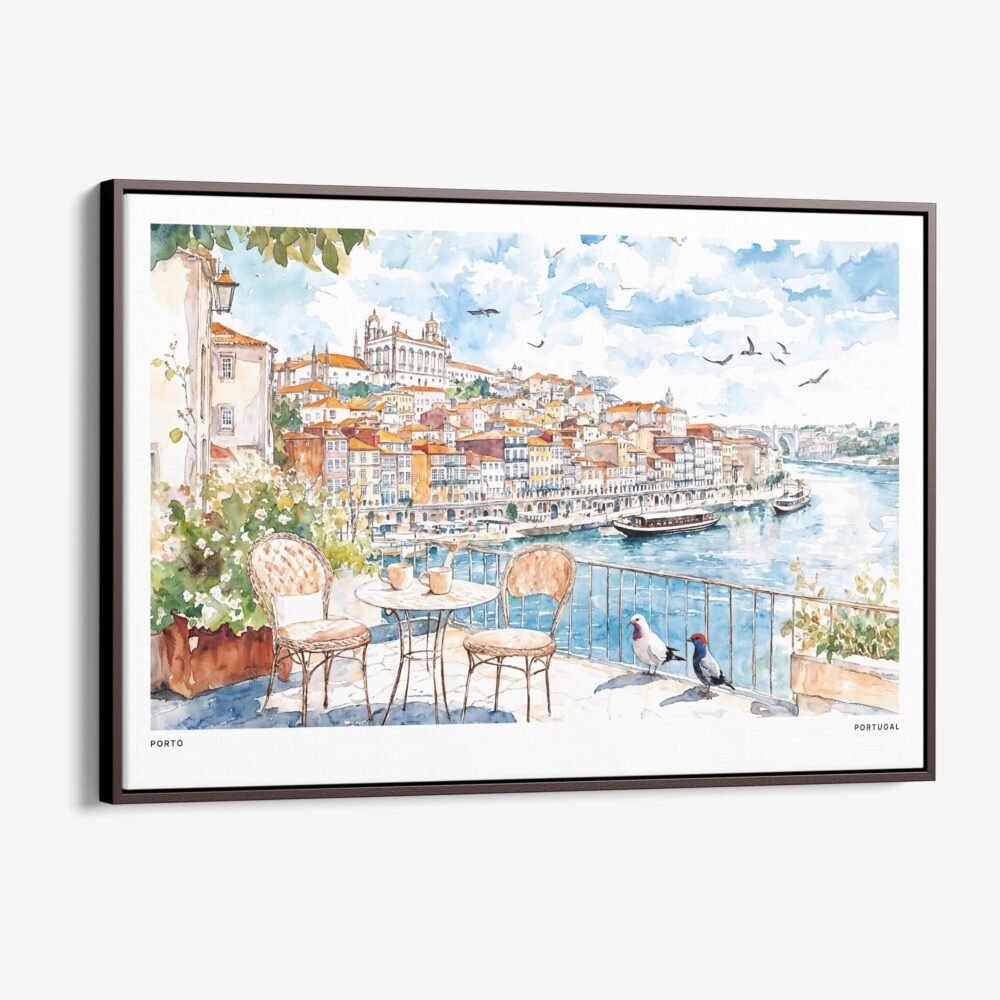 00 - Framed Coffee in Porto Portugal Watercolor Art - Horizontal Canvas Print - Main.jpg