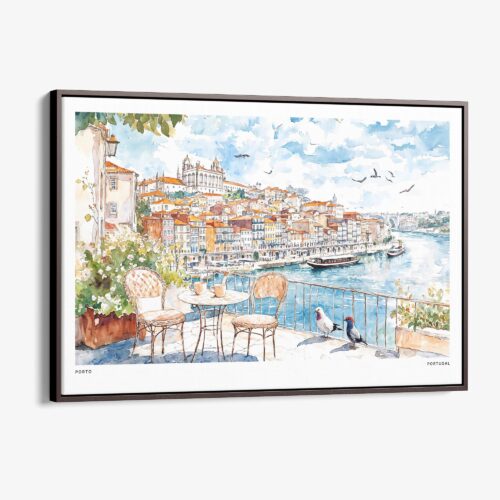 00 - Framed Coffee in Porto Portugal Watercolor Art - Horizontal Canvas Print - Main.jpg