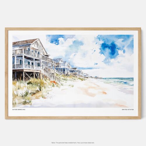 00 - Framed Cottages at Outer Banks NC Watercolor - Horizontal Art Print - Main.jpg