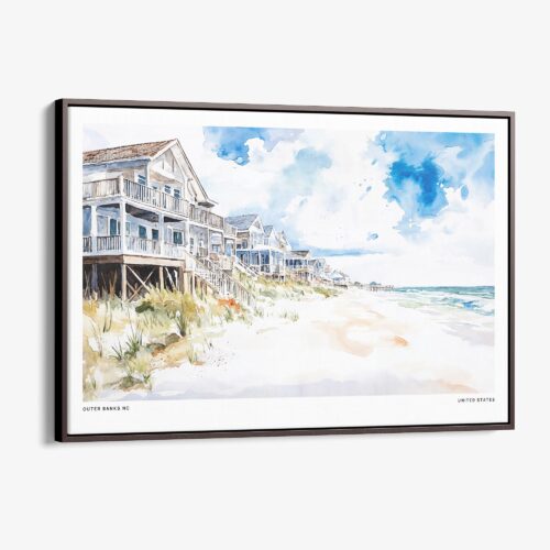 00 - Framed Cottages at Outer Banks NC Watercolor - Horizontal Canvas Print - Main.jpg