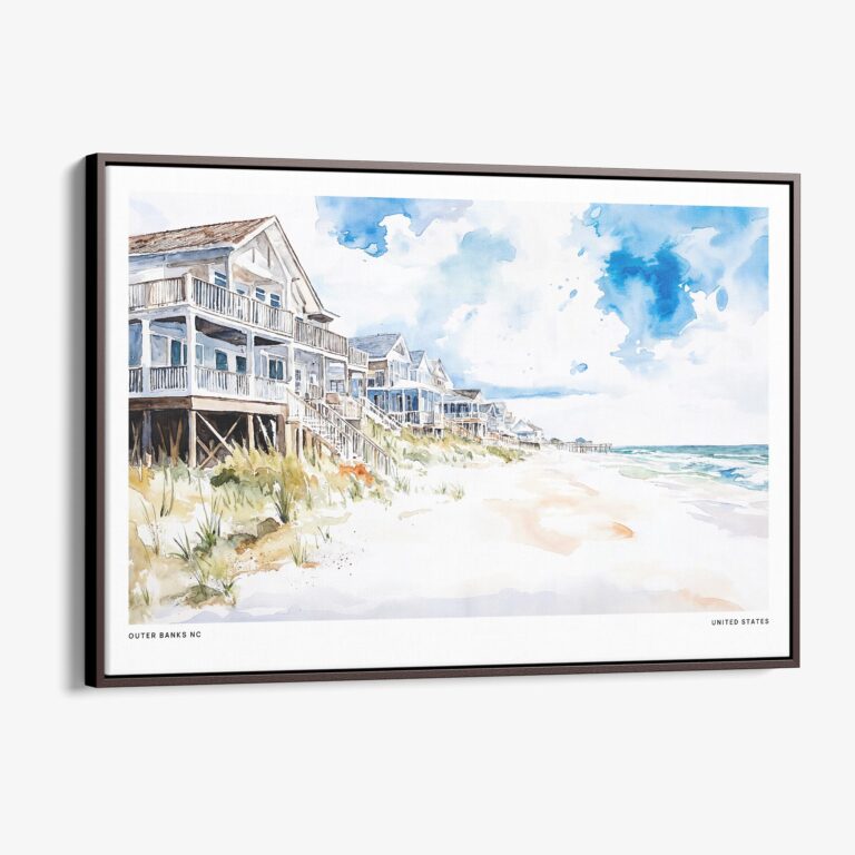 00 - Framed Cottages at Outer Banks NC Watercolor - Horizontal Canvas Print - Main.jpg