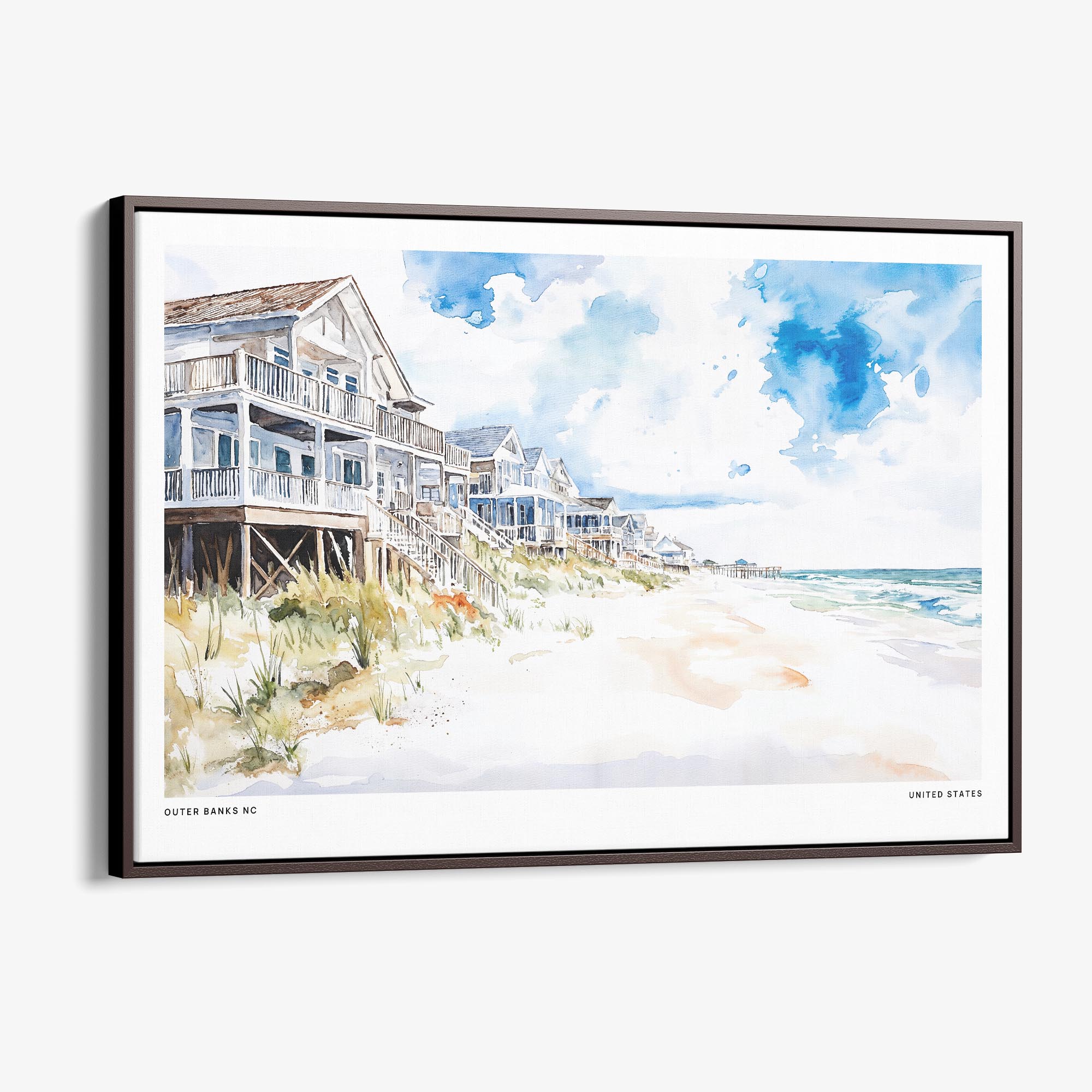 Outer Banks NC Canvas Print – Watercolor Beachfront Cottage Art