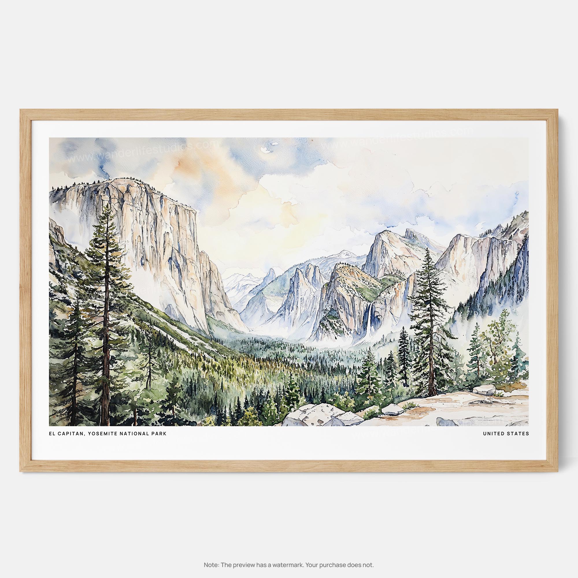 El Capitan Watercolor Art Print – Yosemite National Park Landscape Wall Art