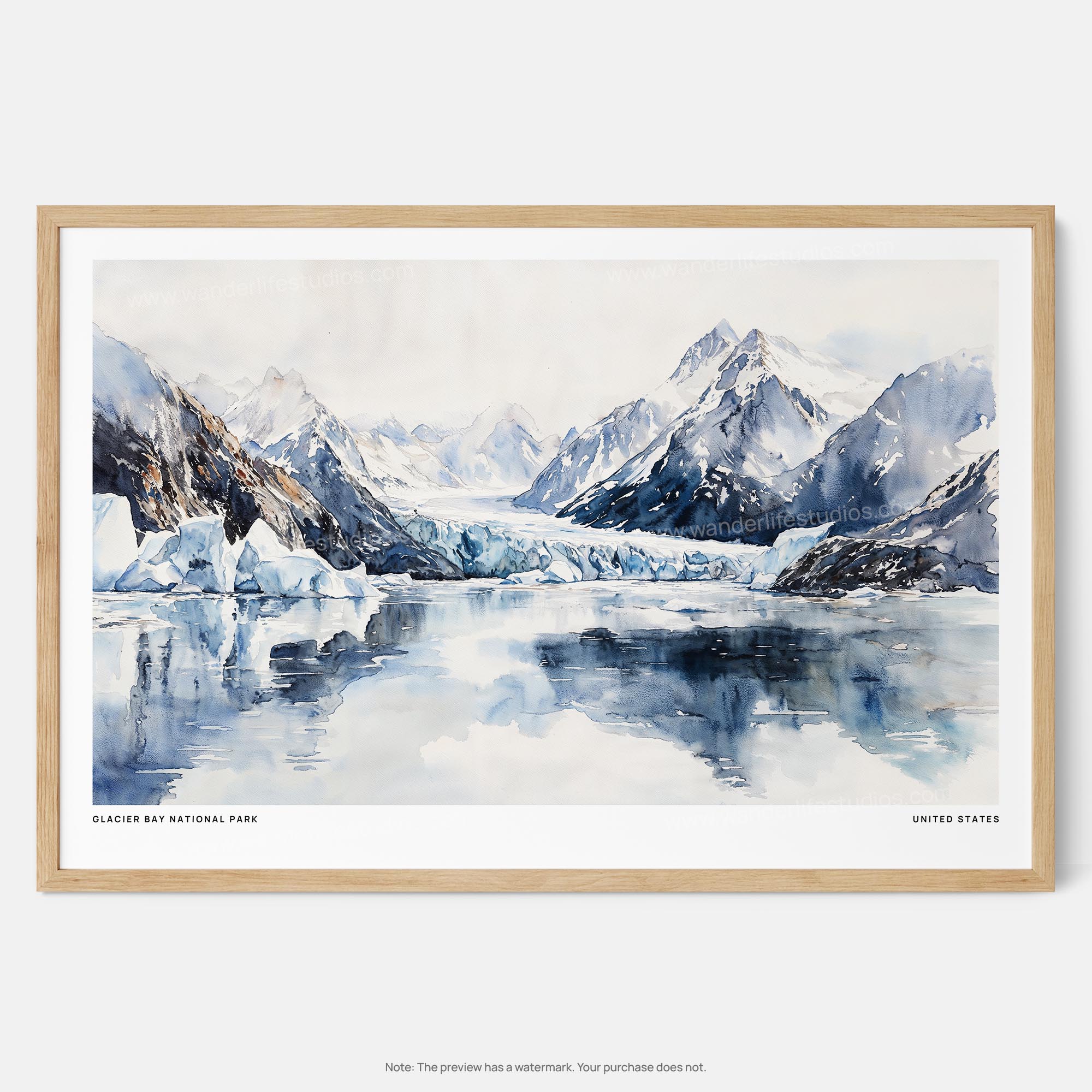 Glacier Bay National Park Watercolor Art Print – Majestic Alaskan Landscape