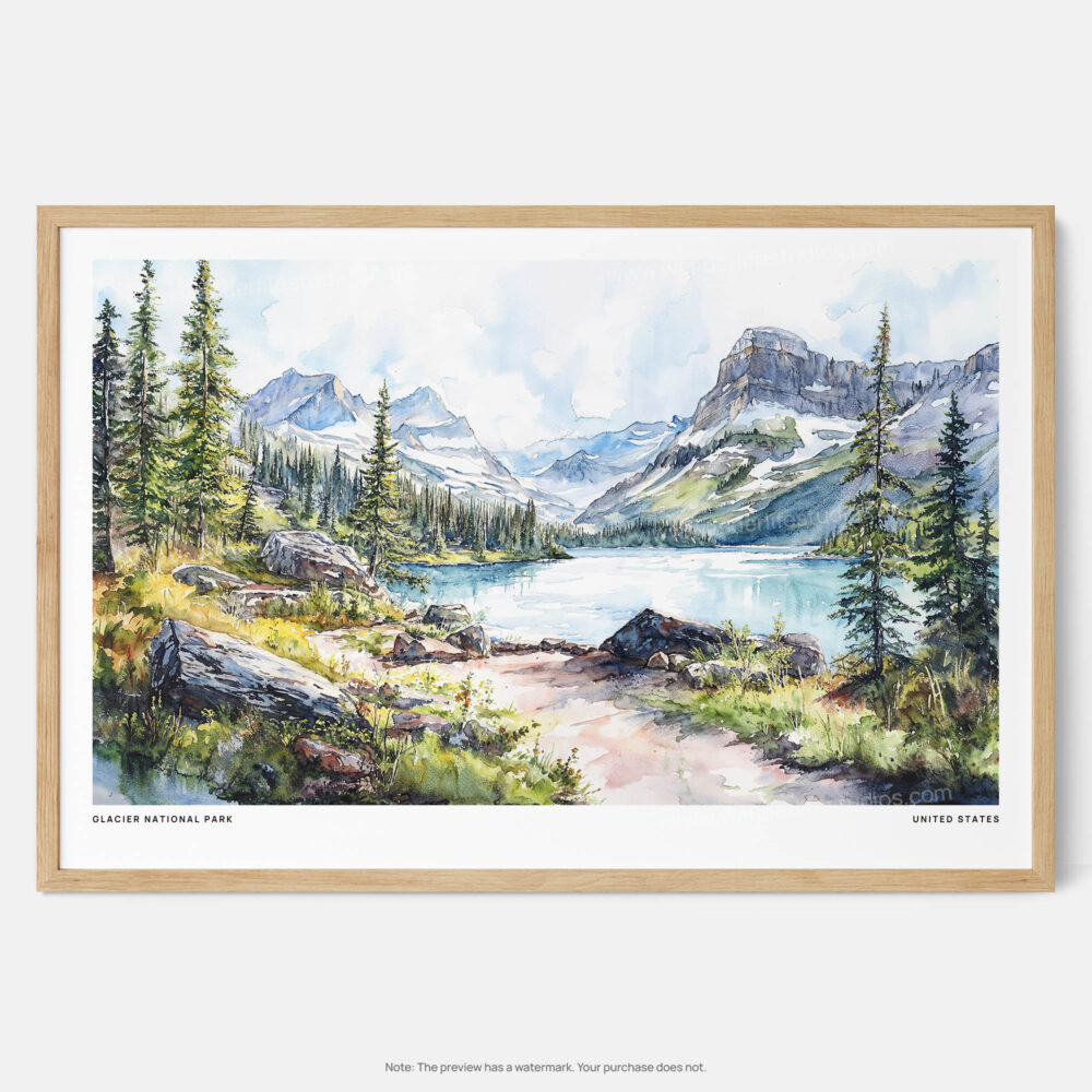 00 - Framed Glacier National Park Watercolor - Horizontal Art Print - Main.jpg