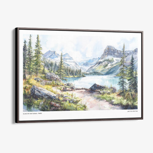 00 - Framed Glacier National Park Watercolor - Horizontal Canvas Print - Main.jpg