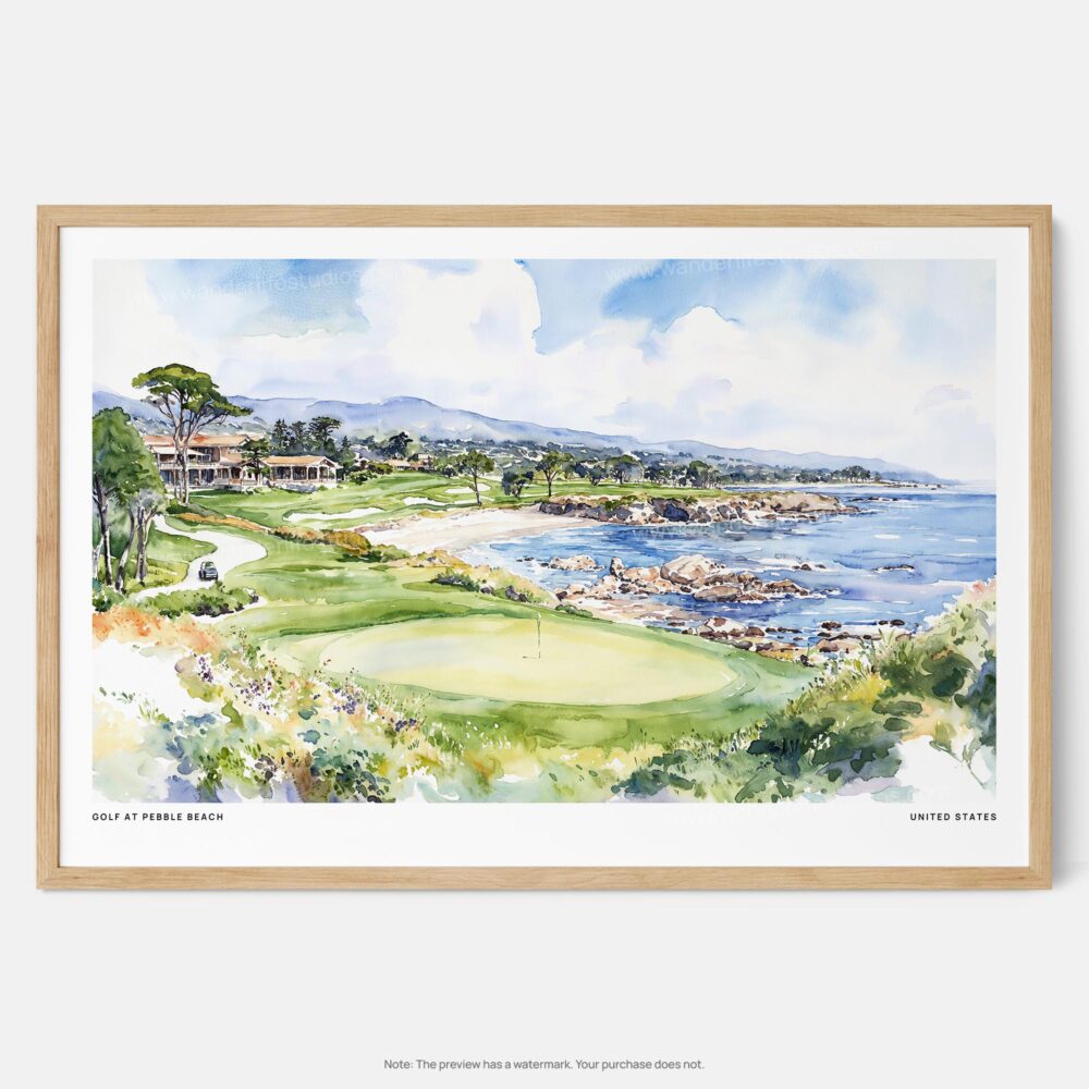00 - Framed Golf at Pebble Beach Watercolor - Horizontal Art Print - Main.jpg